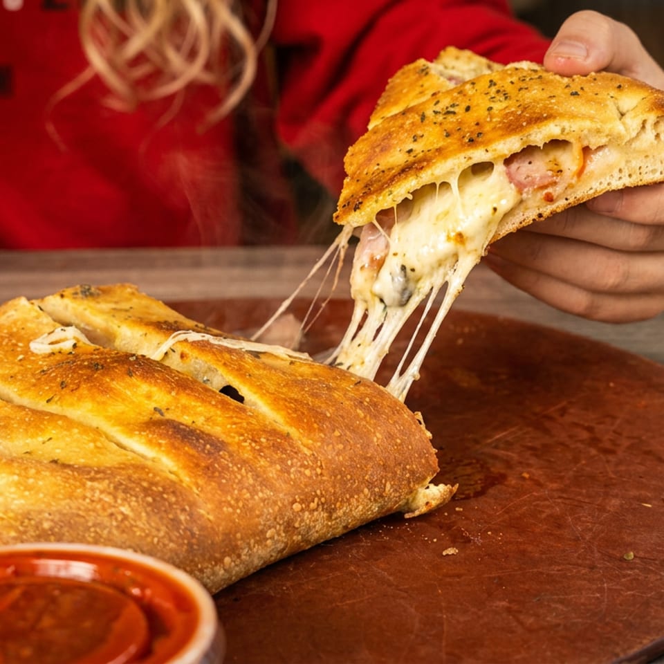 A hand pulls a slice of cheesy calzone, stretching melted cheese, from a whole calzone on a wooden board.