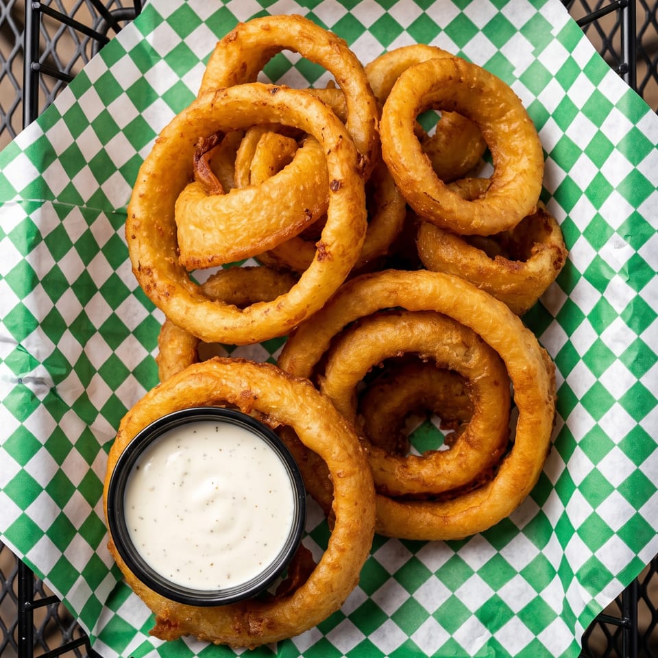Crispy golden onion rings piled in a basket lined with green-and-white checkered paper, served with creamy dipping sauce.