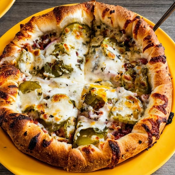A round, deep-dish pizza with a thick crust, melted cheese, and green peppers on a yellow plate.