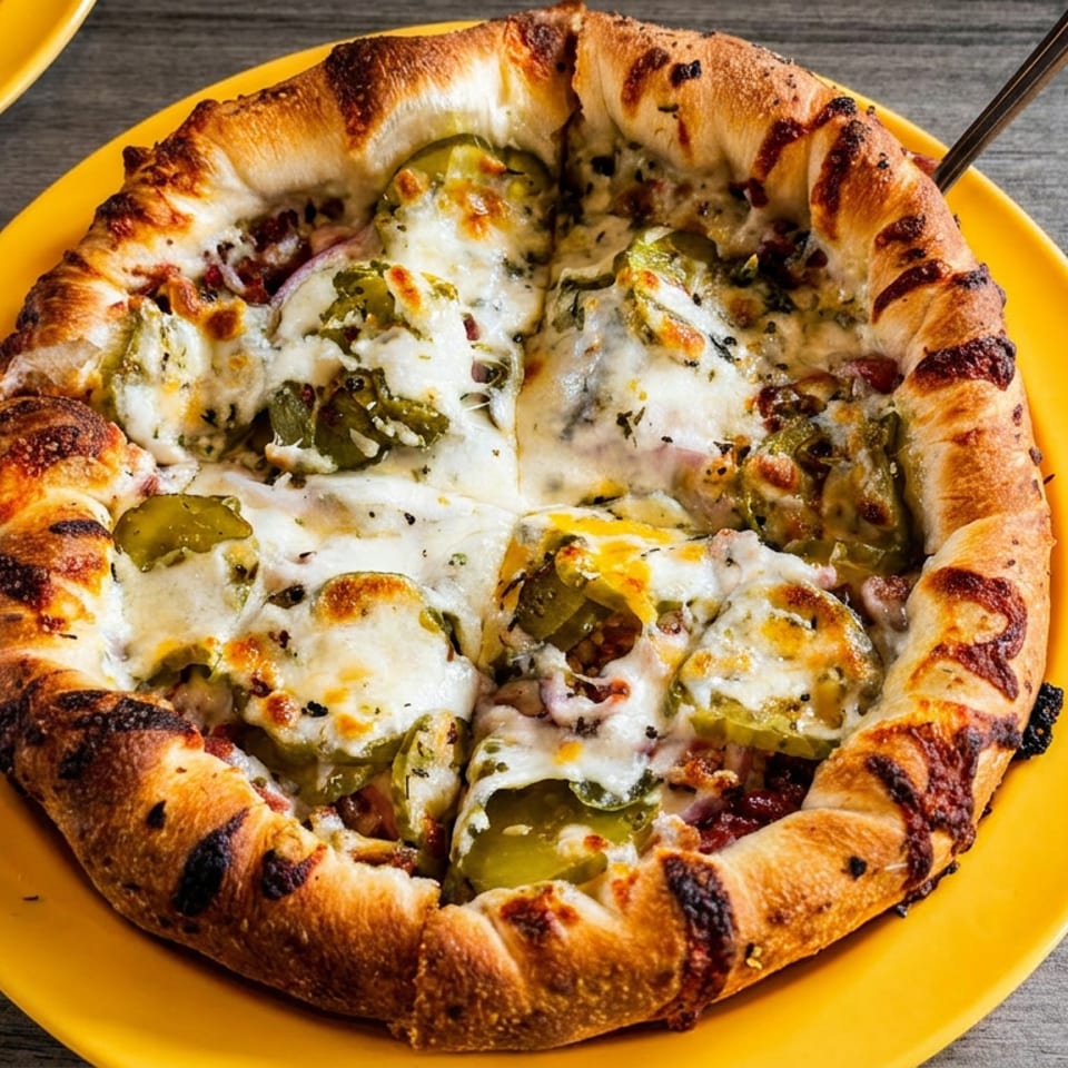 A round, deep-dish pizza with a thick crust, melted cheese, and green peppers on a yellow plate.
