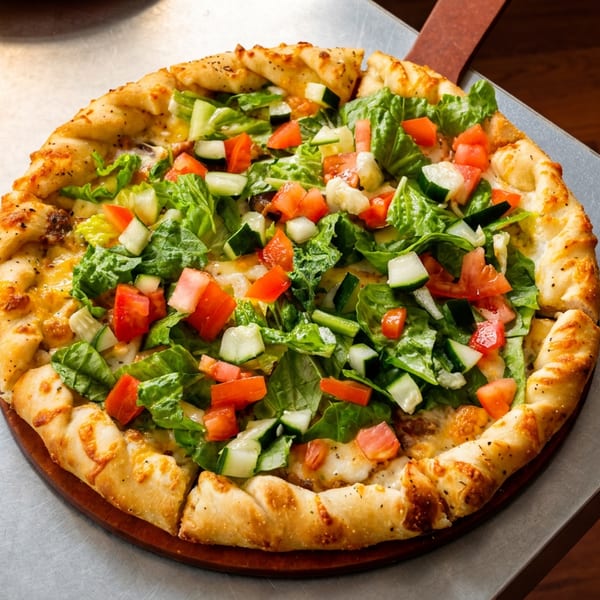 A freshly baked pizza topped with a vibrant salad of lettuce, tomatoes, and cucumbers.